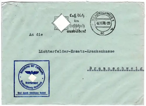 DR 1939, Frei durch Ablösung Reich / ...Luftwaffe auf Orts-Brief v. Braunschweig