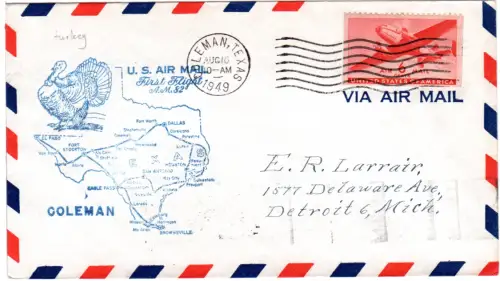 USA 1949, Brief m. 6 C. u. Coleman Erstflug Stpl. m. Abb. Turkey, Truthahn