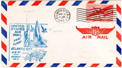 USA 1947, Brief m. 6 C. u. Atlantic City Erstflug Stpl. m. Abb. Seepferd 