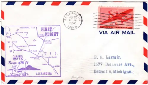 USA 1952, Brief m. 6 C. u. Alexandria Erstflug Stpl. m. Abb. Angler m. Fisch