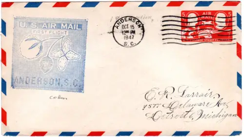 USA 1947, 5 C. Ganzsache Brief u. Anderson Erstflug Stpl. m. Abb. Baumwolle