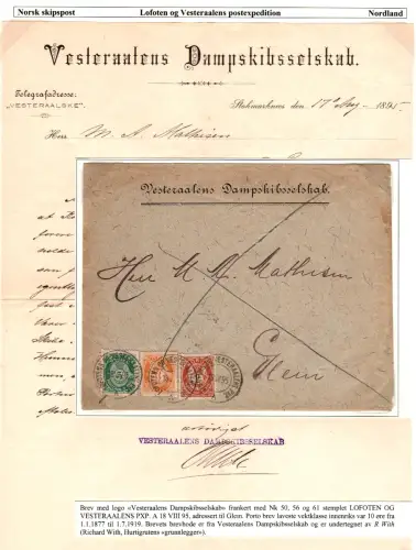 Norwegen 1895, 2+3+5 öre auf Schiffspost Brief der Vesteraalens Dampskibsselskab