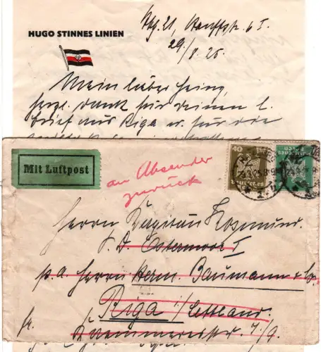 DR 1925, 5+40 Pf. auf Luftpost Brief v. Hamburg n. Riga Lettland