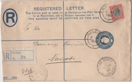 Tanganyika 1929, 15 C. auf 30 C. Einschreiben Ganzsachen Umschlag v. Kilossa