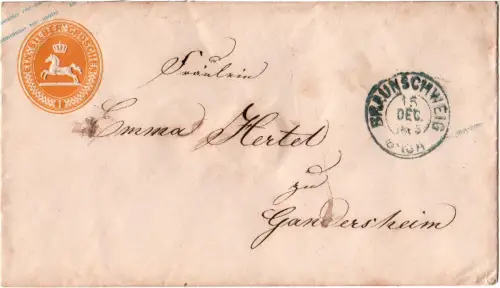Braunschweig 1865, gebr. 1 SGr. Ganzsachenumschlag (U 4) nach Gandersheim