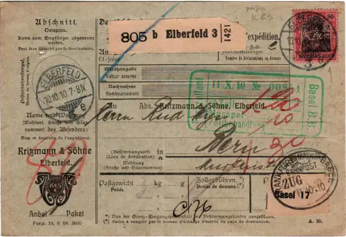 Dr 1910, 80 Pf. m. perfin auf Paketkarte m. Bahnpost v. Elberfeld i.d. Schweiz