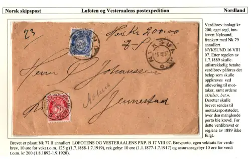 Norwegen 19o7, 10+20 öre auf Schiffspost Wert-Brief v. Nysund