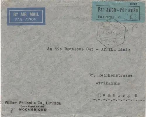 Mocambique 1937, Par Avion Taxe Percue Franko-label auf Luftpost Brief n Hamburg
