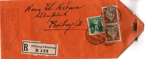 Schweiz 1920, 5+2x30 C. auf Einschreiben Muster ohne Wert Sendung v. Fribourg