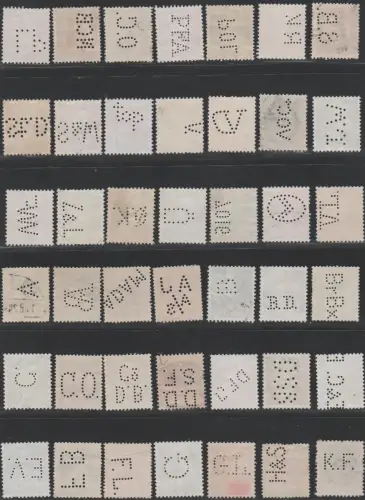 Dänemark, 42 gebr. Marken m. versch. perfins / Firmenlochungen.