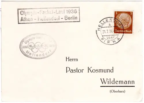DR 1936, Olympia-Fackel-Lauf Athen-Hellendorf-Berlin auf Karte m. 3 Pf.