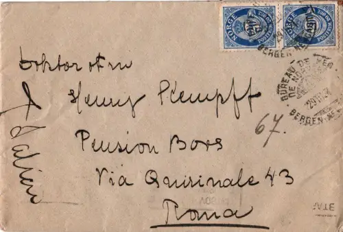 Norwegen 1921, 2x20 öre auf Brief n. Italien m. Schiffspost-Stpl. 