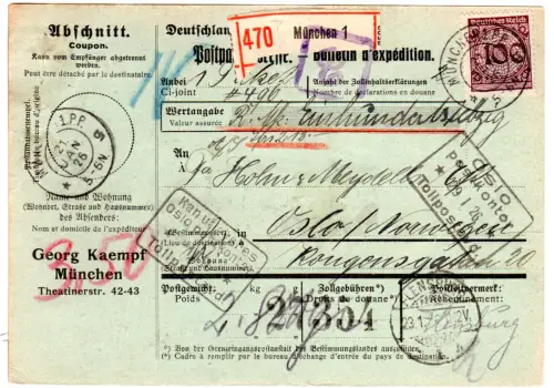 DR 1926, 3x100+50 Pf. vorder- u. rs. auf Wert Paketkarte v. München n. Norwegen