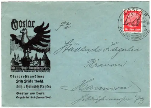 DR 1936, 12 Pf. auf Brief m. Abb. u. Werbestpl. Goslar (Harz) Reichsbauernstand