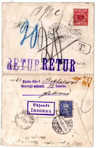 DR 1900, 10 Pf. auf Nachsende Porto-Brief v. Essen über Schweden n. Norwegen
