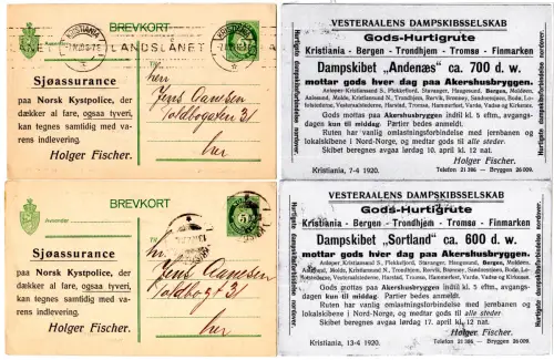 Norwegen 1920, 2 Ganzsachen m. gedruckten Gods-Hurtigrute Dampfschiff-Abfahrten