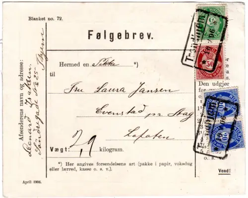 Norwegen 1906, 5+50+2x20 öre auf Paketkarte v. Trondhjem