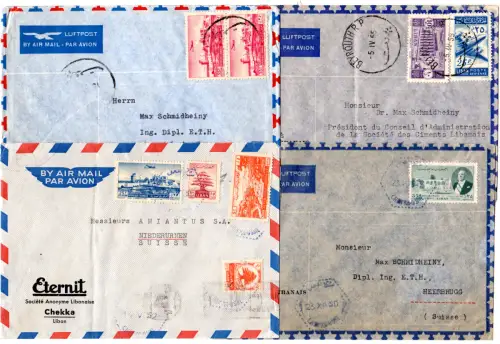 Libanon 1950/55, 4 Luftpost Briefe i.d. Schweiz m. versch. Frankaturen