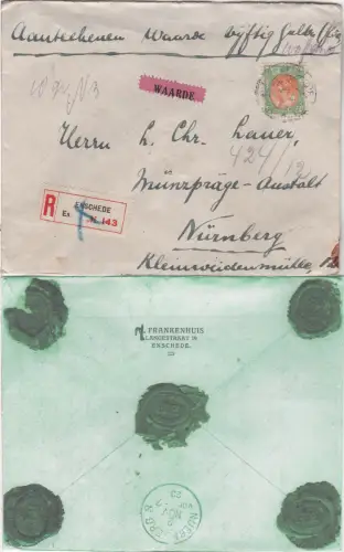 NL 1923, EF 40 C. auf gesiegeltem Wert Brief v. Enschede n. Bayern