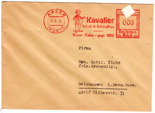 DR 1935, 8 Pf. AFSt. Kavalier Schuh- u. Bodenpflege auf Brief v. Aalen