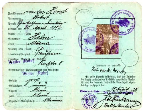 DR 1925, Ausweis v. Wetter (Ruhr) m. vorausentwerteter Gebührenmarke