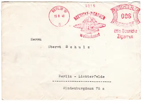 DR 1940, 8 Pf. AFSt. Boenicke-Zigarren weltbekannt auf Brief v. Berlin