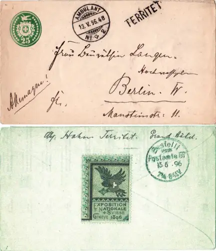 Schweiz 1896, L1 Territet auf Bahnpost Ganzsachenbrief m. rücks. Vignette