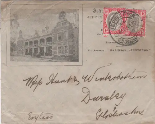 Transvaal, 2x1d auf Grand Station Hotel Bilderbrief v. Jeppestown n. GB