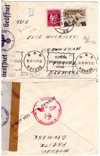 Norwegen 1940, 5+15 öre auf Brief v. Bergen n. DK m. dt. Doppelzensur!