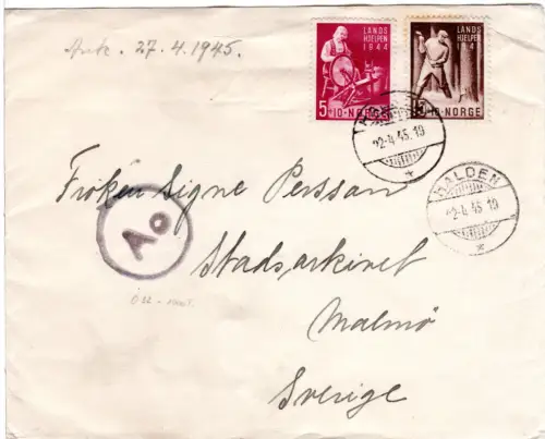 Norwegen 1945, 5+15 öre Landshjelpen auf Aprilbrief v. Halden n. Schweden