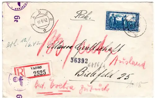 Norwegen 1942, EF 60 öre Sturlason auf Einschreiben Brief v. Vadsö n. Bielefeld