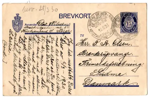 Norwegen 1930, 15 öre Ganzsache m. Schiffspost-Stpl. v. Kristiansand n. Dänemark