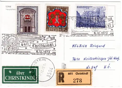 Österreich 1973, Christkindl, Einschreiben Karte m. 3 Marken u. grünem Etikett 