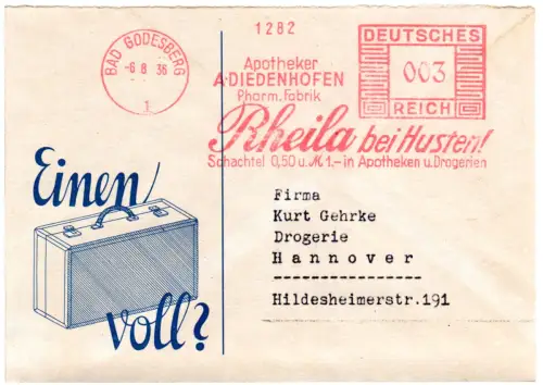 DR 1936, 3 Pf. AFSt. Apotheker A. Diedenhofen auf Firmenkarte v. Bad Godesberg