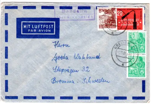 DDR 1961, Landpost Stpl. BANDELIN über Greifswald auf Luftpost Brief n. Schweden