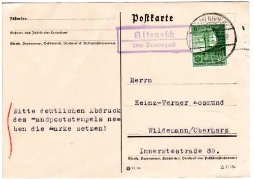 DR 1938, Landpost Stpl. ALTENESCH über Delmnhorst auf Karte m. 6 Pf.