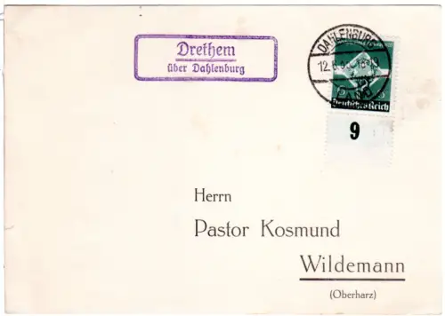 DR 1935, Landpost Stpl. DRETHEM über Dahlenburg auf Karte m. 6 Pf.
