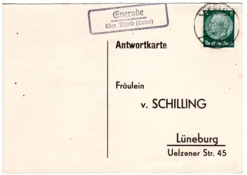 DR 1937, Landpost Stpl. EVERODE über Alfeld (Leine) auf Karte m. 6 Pf.