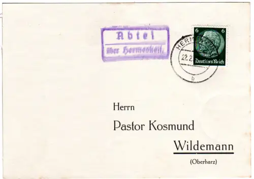 DR 1937, Landpost Stpl. ABTEI über Hermeskeil auf Karte m. 6 Pf.