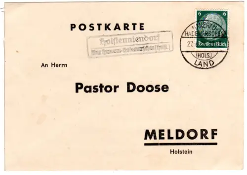 DR 1935, Landpost Stpl. HOLSTENNIENDORF über Hanerau auf Karte m. 6 Pf .