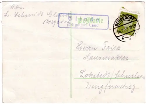 DR 1932, Landpost Stpl. GLINDE Bergedorf Land auf Karte m. 6 Pf .