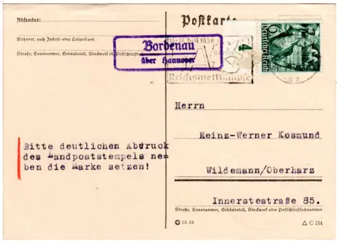 DR 1934, Landpost Stpl. BORDENAU über Hannover auf Karte m. 6 Pf .