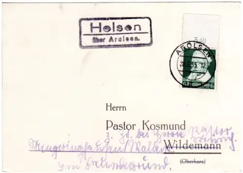 DR 1935, Landpost Stpl. HELSEN über Arolsen auf Karte m. 6 Pf .