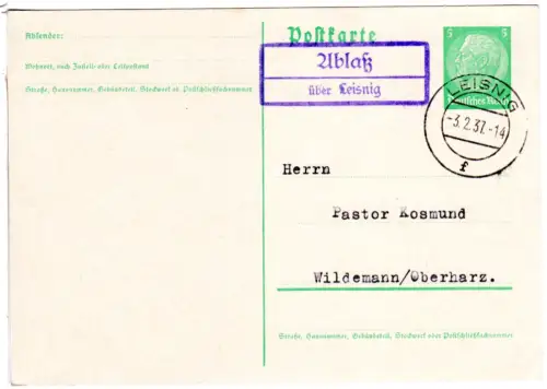 DR 1937, Landpost Stpl. ABLASS über Leisnig auf 5 Pf. Ganzsachenkarte