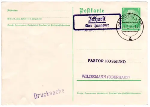 DR 1936, Landpost Stpl. ICKHORST über Hannover auf 5 Pf. Ganzsachenkarte