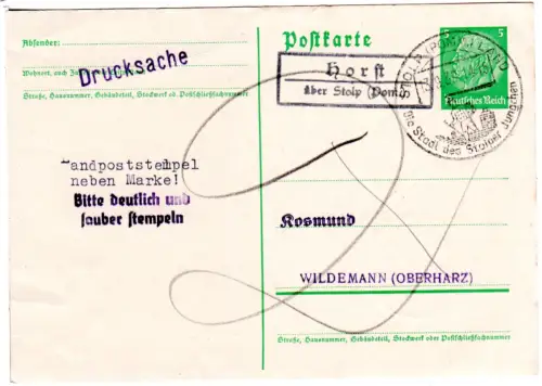 DR 1939, Landpost Stpl. HORST über Stolp (Pom.) auf 5 Pf. Ganzsachenkarte
