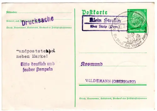 DR 1939, Landpost Stpl. KLEIN STRELLIN über Stolp (Pom.) auf 5 Pf. Ganzsache.