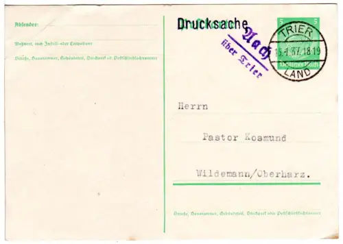 DR 1937, Landpoststempel AACH über Trier auf 5 Pf. Ganzsachenkarte.