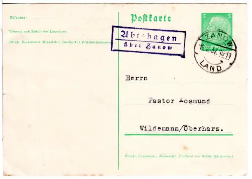 DR 1937, Landpoststempel ABTSHAGEN über Zanow auf 5 Pf. Ganzsachenkarte.