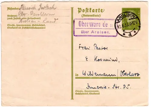 DR 1933, Landpoststempel OBERWAROLDEN über Arolsen auf 6 Pf. Antwort-Karte.